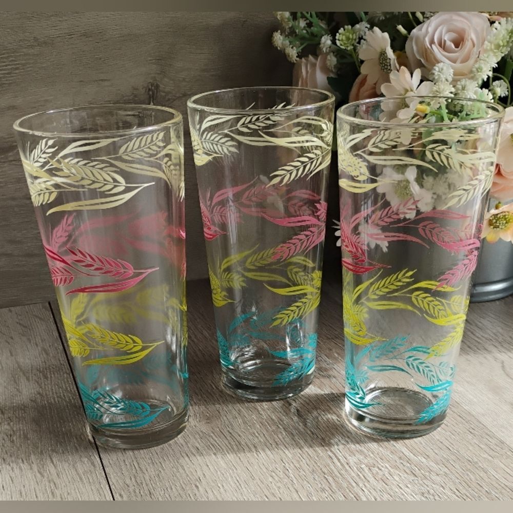 Vintage 1950’s Rainbow Wheat Tumbler Glasses 6” Set Of 3